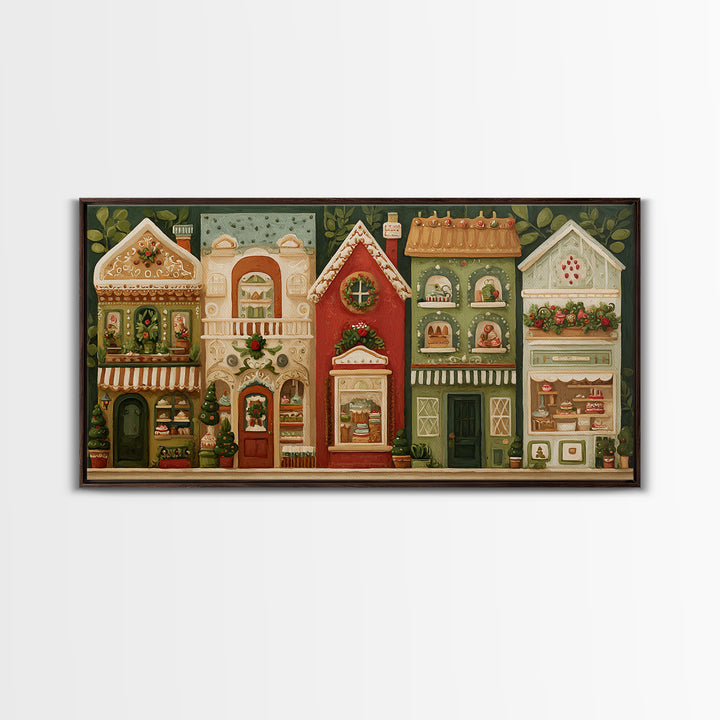 Gingerbread Houses in Charming Folk Art Style Canvas Print, Bakery Art, Printable Wall Art, Bakery Decor, Fine Art, Patisserie, BAK-2x1-58