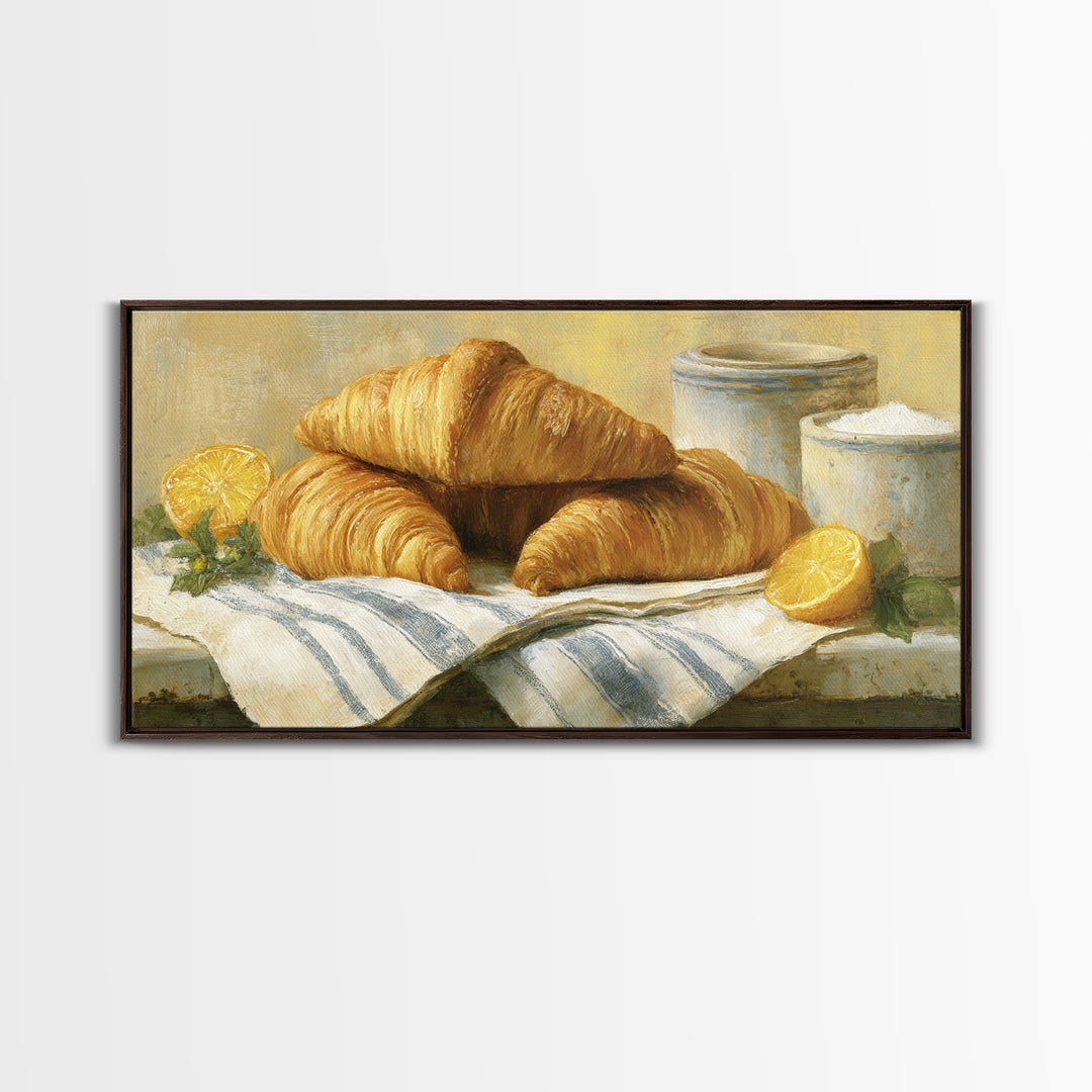 Buttery Croissants Stacked on Striped Linen Canvas Print, Bakery Art, Colorful Wall Art, Bakery Decor, Abstract Art, Patisserie, BAK-2x1-69