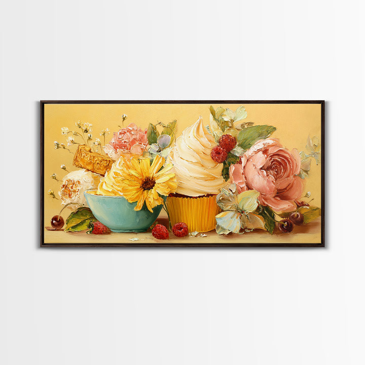 Cupcake Bouquet Painted Framed Canvas Print, Bakery Art, Room Decor, Bakery Decor, Fine Art, Patisserie, Digital Print, BAK-2x1-75