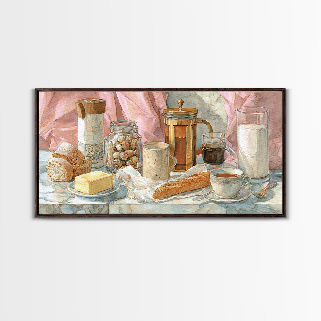 Baguette and Butter Still Life on Marble Canvas Print, Bakery Art, Kitchen Print, Bakery Decor, Fine Art, Patisserie, BAK-2x1-76