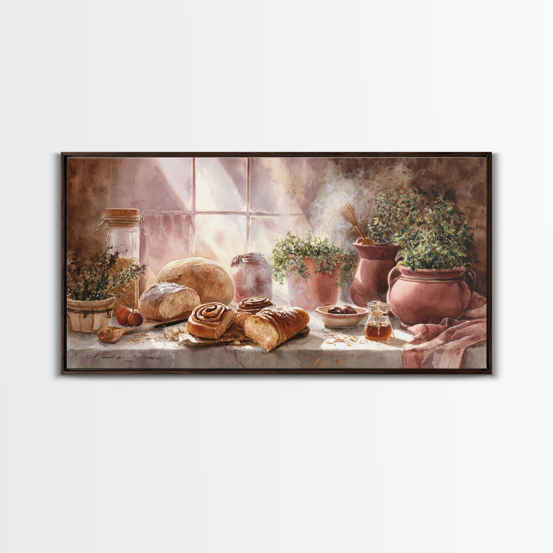 Cinnamon Rolls in a Warm Country Kitchen Framed Canvas Print, Bakery Art, Kids Art, Bakery Decor, Fine Art, Patisserie, BAK-2x1-79