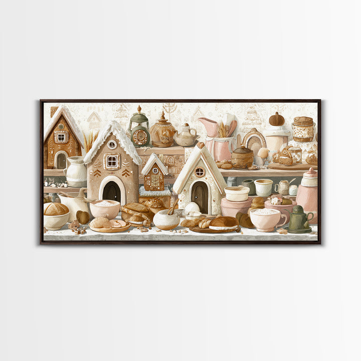 Gingerbread Houses in Charming Folk Art Style Canvas Print, Bakery Art, Printable Wall Art, Bakery Decor, Fine Art, Patisserie, BAK-2x1-82