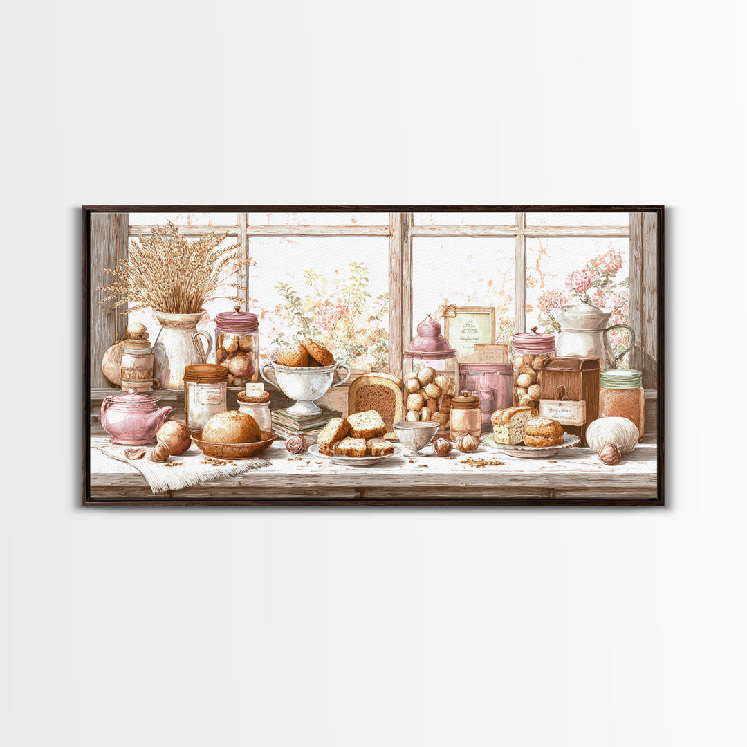 Tea and Scone Arrangement Framed Canvas Print, Bakery Art, Watercolor Art, Bakery Decor, Fine Art, Patisserie, French Wall Art, BAK-2x1-88