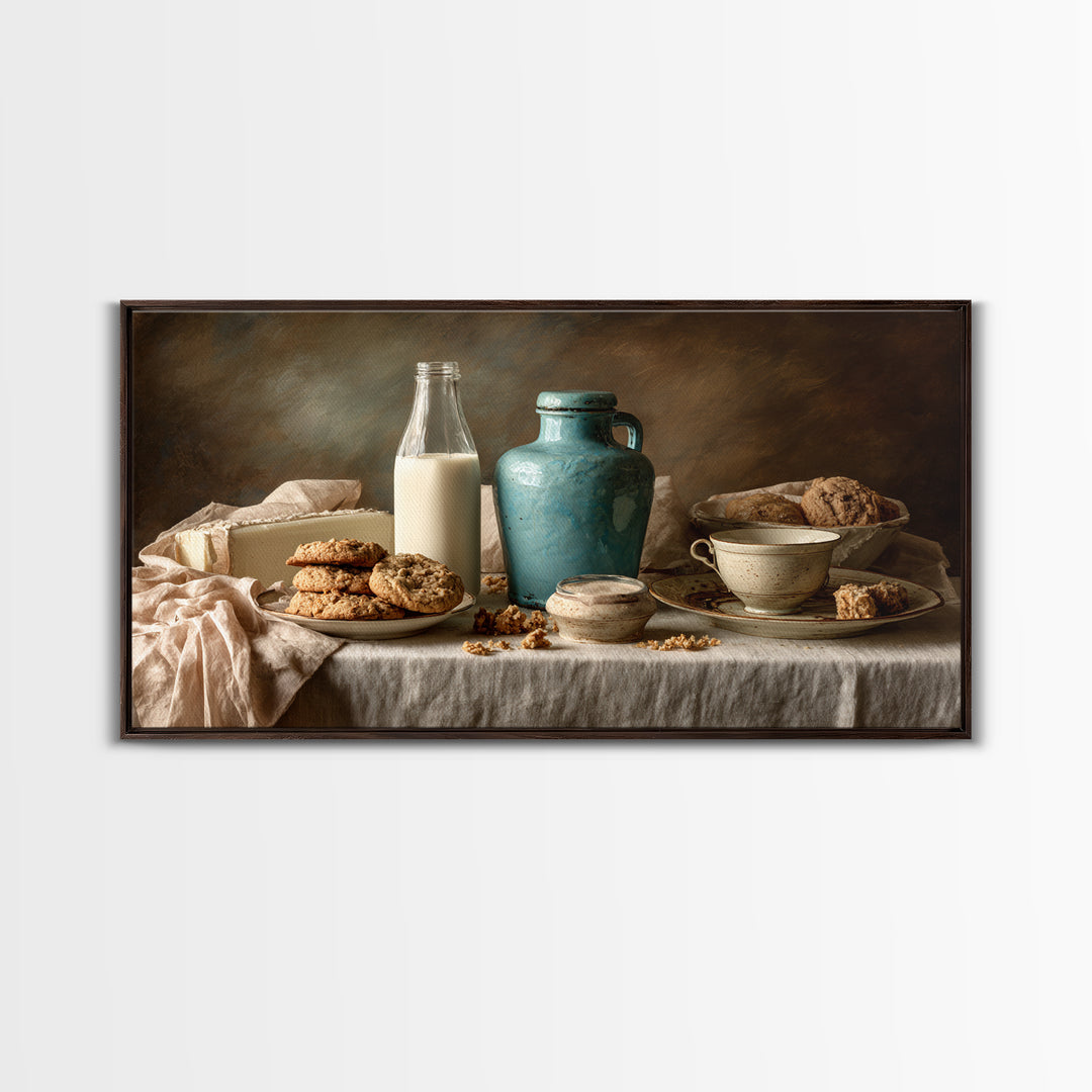 Milk Bottle and Cookies Nostalgic Still Life Framed Canvas Print, Bakery Art, Kitchen Wall Art, Bakery Decor, Oil Painting, BAK-2x1-90