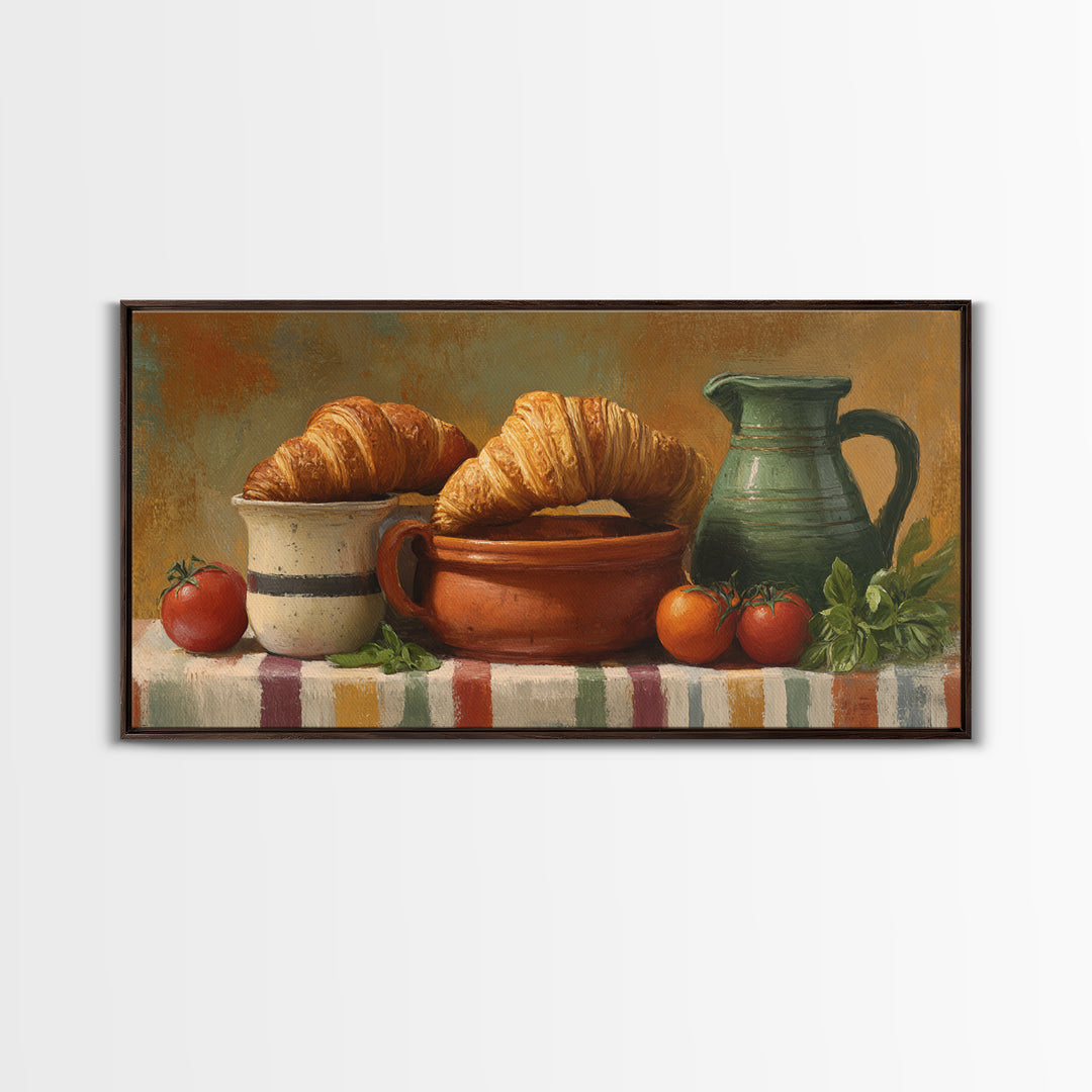 Buttery Croissants Stacked on Striped Linen Canvas Print, Bakery Art, Colorful Wall Art, Bakery Decor, Abstract Art, Patisserie, BAK-2x1-93