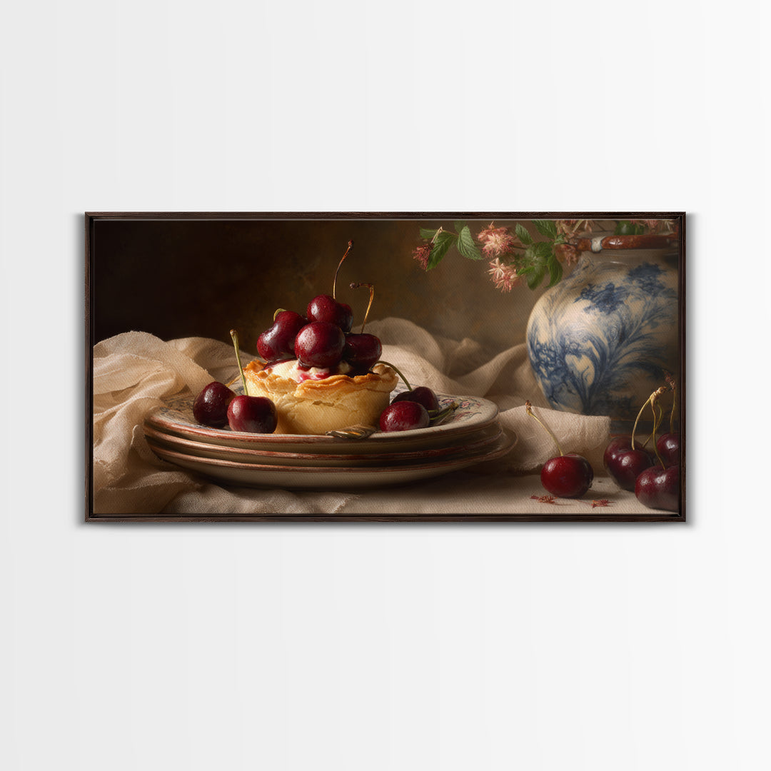 Cherry Tart Still Life Framed Canvas Print, Bakery Art, Digital Download Art, Bakery Decor, Fine Art, Patisserie, Neutral Decor, BAK-2x1-97