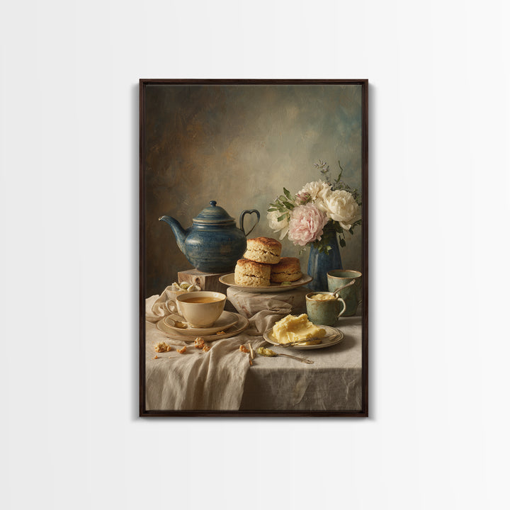 Tea and Scone Arrangement Framed Canvas Print, Bakery Art, Printable Wall Art, Bakery Decor, Patisserie, Coffee Wall Art, BAK-2x3-100