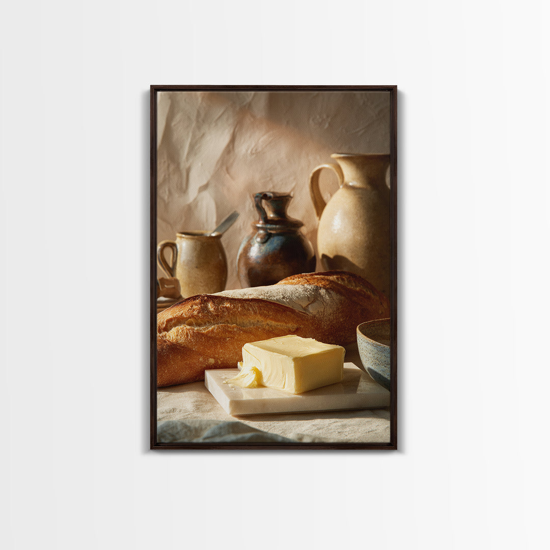 Baguette and Butter Still Life on Marble Canvas Print, Bakery Art, Gallery Decor, Bakery Decor, Fine Art, Patisserie, BAK-2x3-16