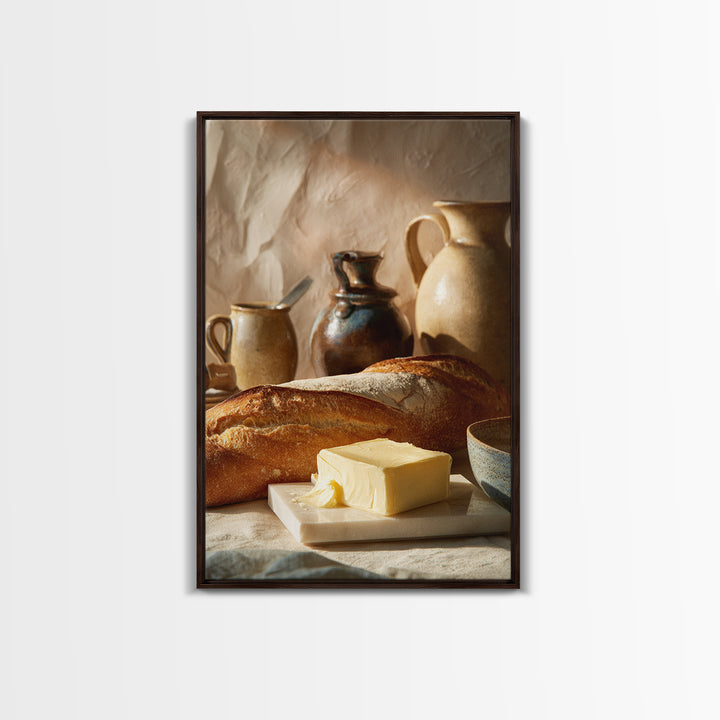Baguette and Butter Still Life on Marble Canvas Print, Bakery Art, Gallery Decor, Bakery Decor, Fine Art, Patisserie, BAK-2x3-16
