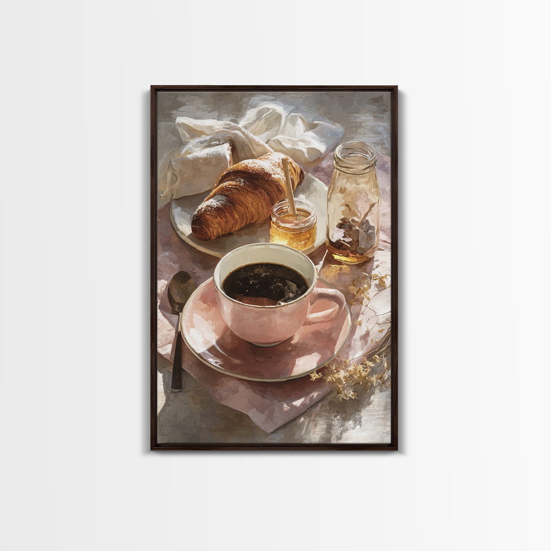 Painterly Eclair and Coffee Still Life Framed Canvas Print, Bakery Art, Kitchen Prints, Bakery Decor, Oil Painting, Patisserie, BAK-2x3-20