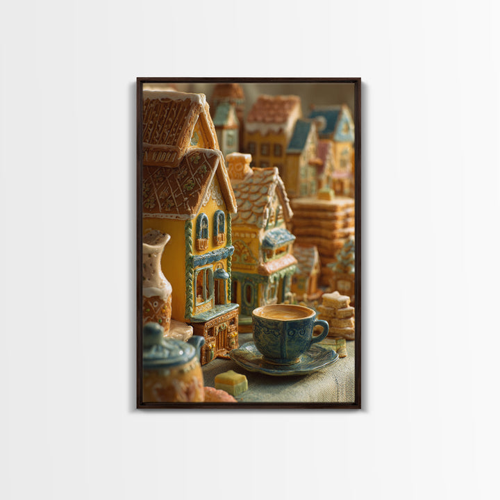 Gingerbread Houses in Charming Folk Art Style Framed Canvas Print, Bakery Art, Wall Decor, Bakery Decor, Fine Art, Patisserie, BAK-2x3-22