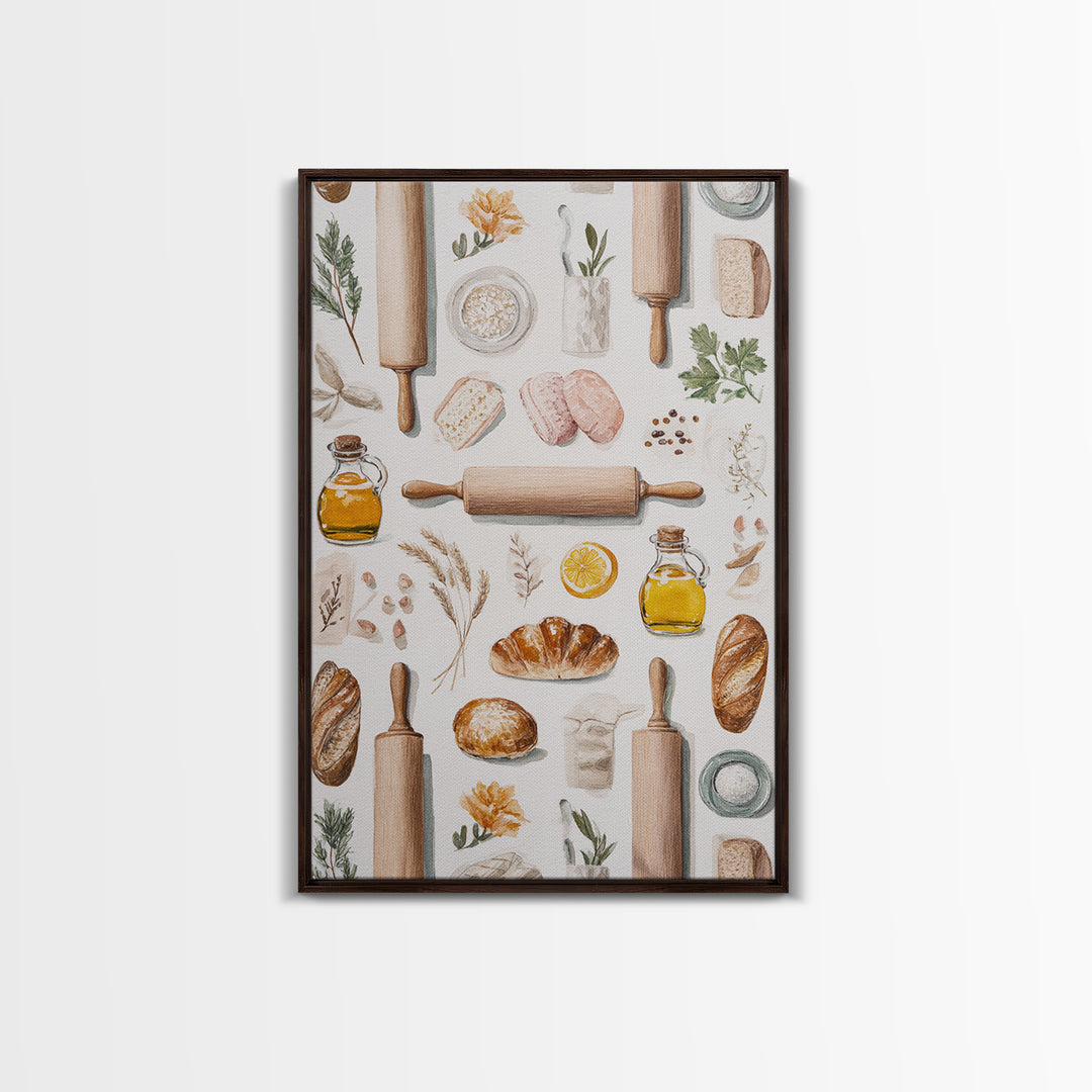 Patisserie Pattern of Rolling Pins and Pastries Canvas Print, Bakery Art, Printable Art, Bakery Decor, Watercolor Art, BAK-2x3-29