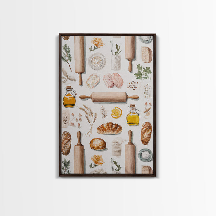 Patisserie Pattern of Rolling Pins and Pastries Canvas Print, Bakery Art, Printable Art, Bakery Decor, Watercolor Art, BAK-2x3-29