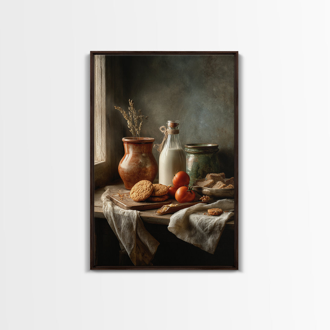 Milk Bottle and Cookies Nostalgic Still Life Framed Canvas Print, Bakery Art, Minimalist Decor, Bakery Decor, Patisserie, BAK-2x3-30