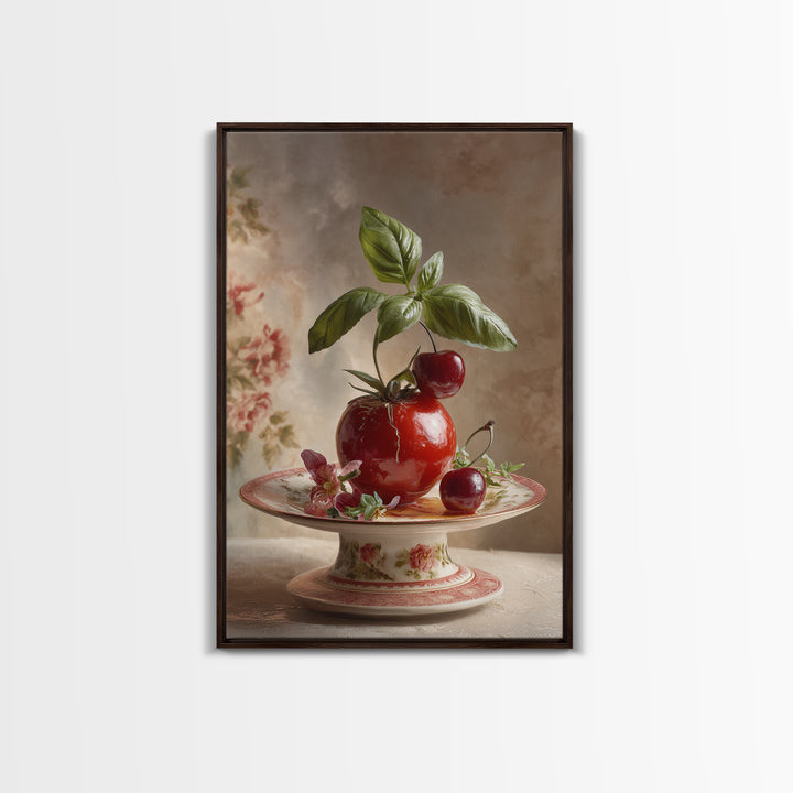 Cherry Tart Still Life Framed Canvas Print, Bakery Art, Watercolor Painting, Bakery Decor, Patisserie, Aesthetic Wall Art, BAK-2x3-37