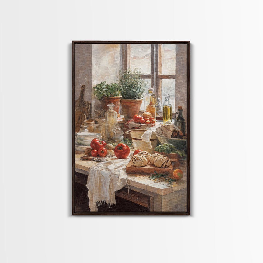 Cinnamon Rolls in a Warm Country Kitchen Framed Canvas Print, Bakery Art, Watercolor Painting, Bakery Decor, Patisserie, BAK-2x3-43