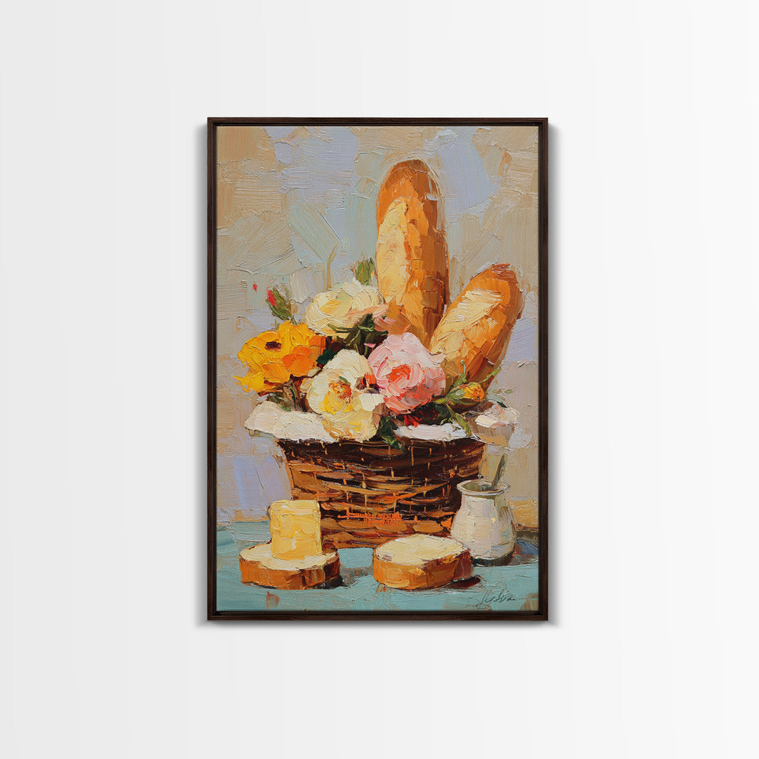 French Market Basket Filled Canvas Print, Bakery Art, Print, Bakery Decor, Oil Painting, Patisserie, Food Art, Kitchen Print, BAK-2x3-50