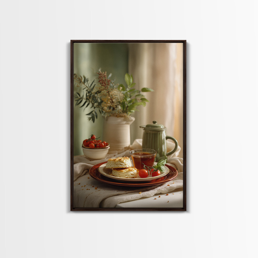 Tea and Scone Arrangement Framed Canvas Print, Bakery Art, Wall Decor, Bakery Decor, Fine Art, Patisserie, Kitchen Prints, BAK-2x3-52