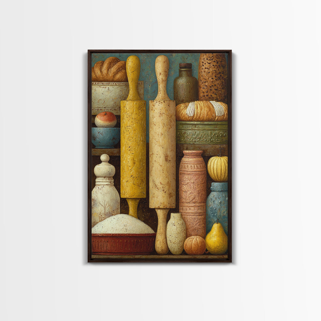 Patisserie Pattern of Rolling Pins and Pastries Framed Canvas Print, Bakery Art, Kitchen Prints, Bakery Decor, Oil Painting, BAK-2x3-53