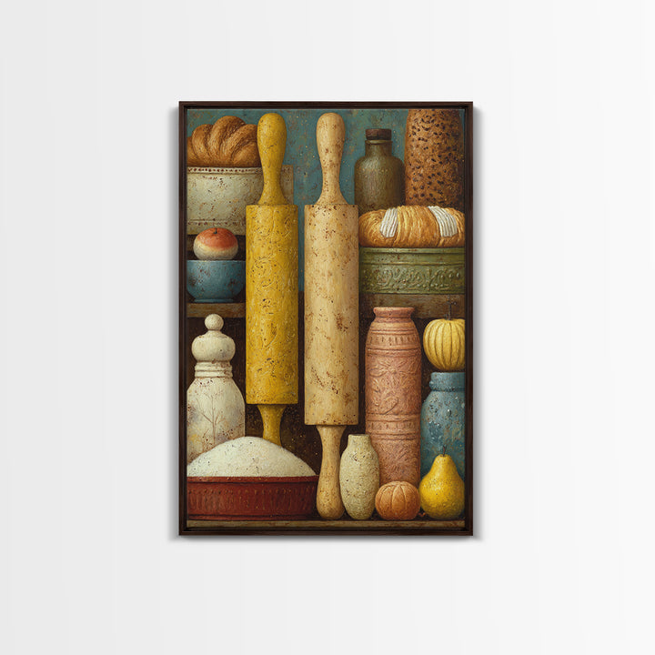 Patisserie Pattern of Rolling Pins and Pastries Framed Canvas Print, Bakery Art, Kitchen Prints, Bakery Decor, Oil Painting, BAK-2x3-53