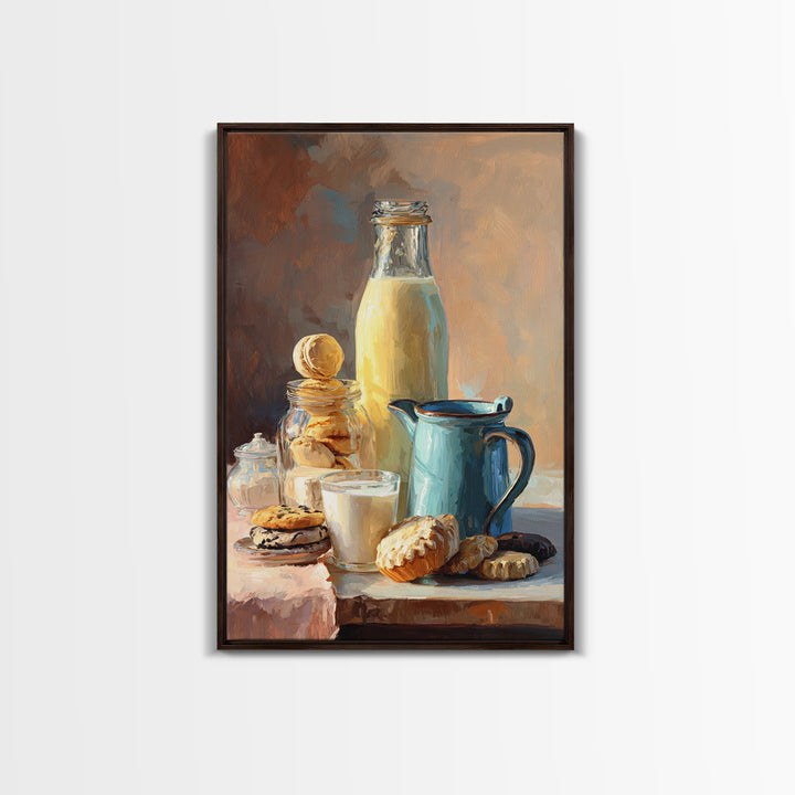 Milk Bottle and Cookies Nostalgic Still Life Framed Canvas Print, Bakery Art, Minimalist Decor, Bakery Decor, Patisserie, BAK-2x3-6