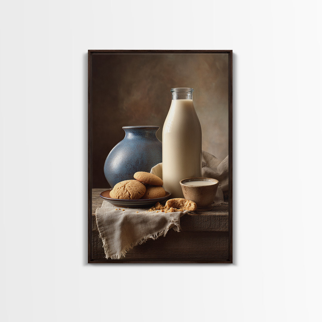 Milk Bottle and Cookies Nostalgic Still Life Framed Canvas Print, Bakery Art, Kitchen Art, Bakery Decor, Fine Art, Patisserie, BAK-2x3-78