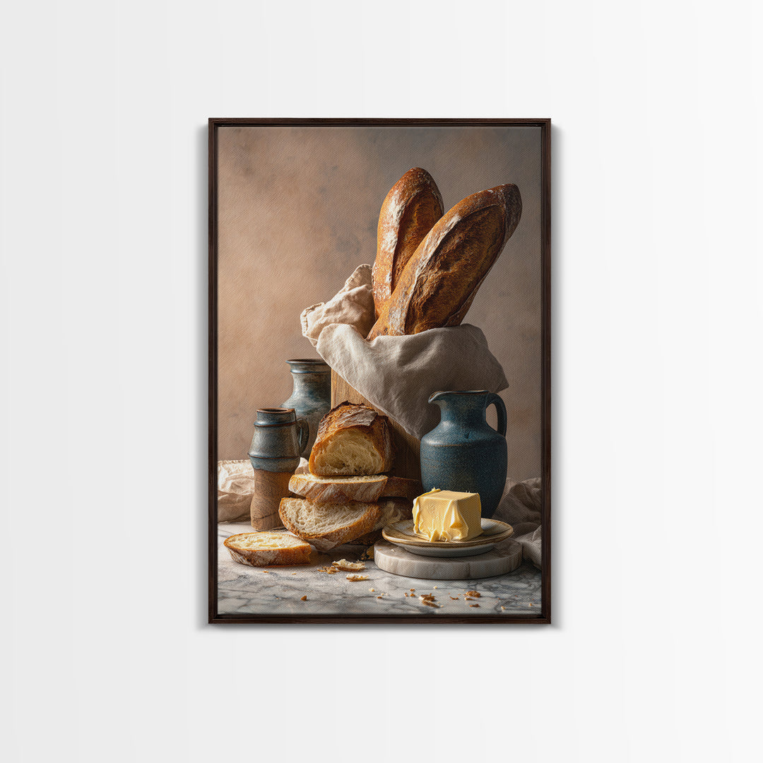 Baguette and Butter Still Life on Marble Framed Canvas Print, Bakery Art, Kitchen Print, Bakery Decor, Fine Art, Patisserie, BAK-2x3-88