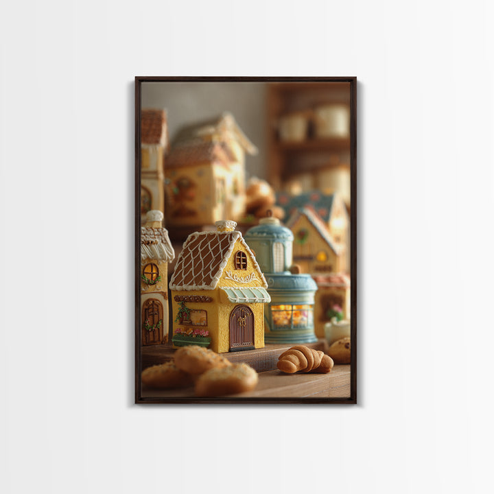 Gingerbread Houses in Charming Folk Art Style Framed Canvas Print, Bakery Art, Watercolor Art, Bakery Decor, Patisserie, BAK-2x3-94