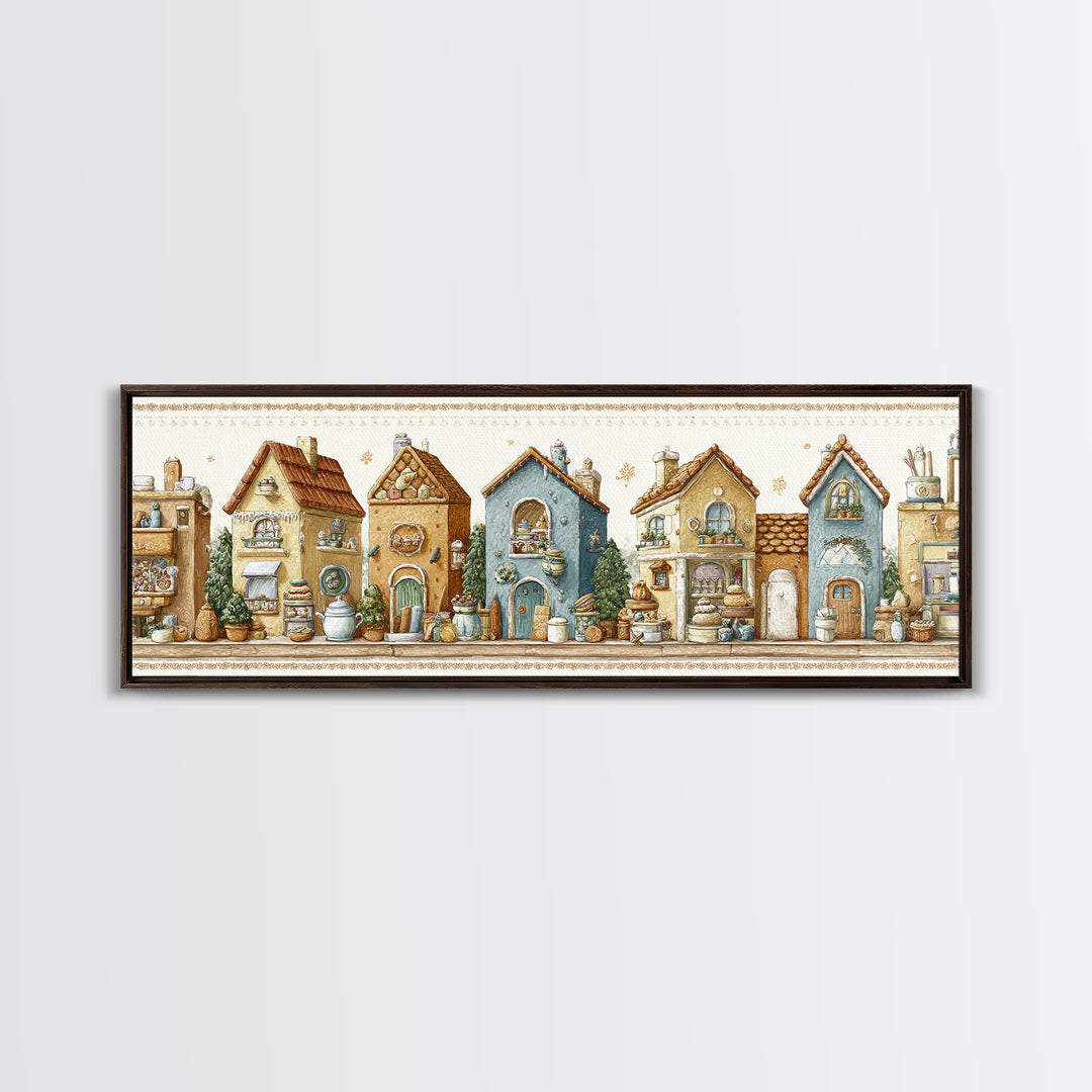 Gingerbread Houses in Charming Folk Art Style Canvas Print, Bakery Art, Whimsical Wall Art, Bakery Decor, Fine Art, Patisserie, BAK-3x1-6