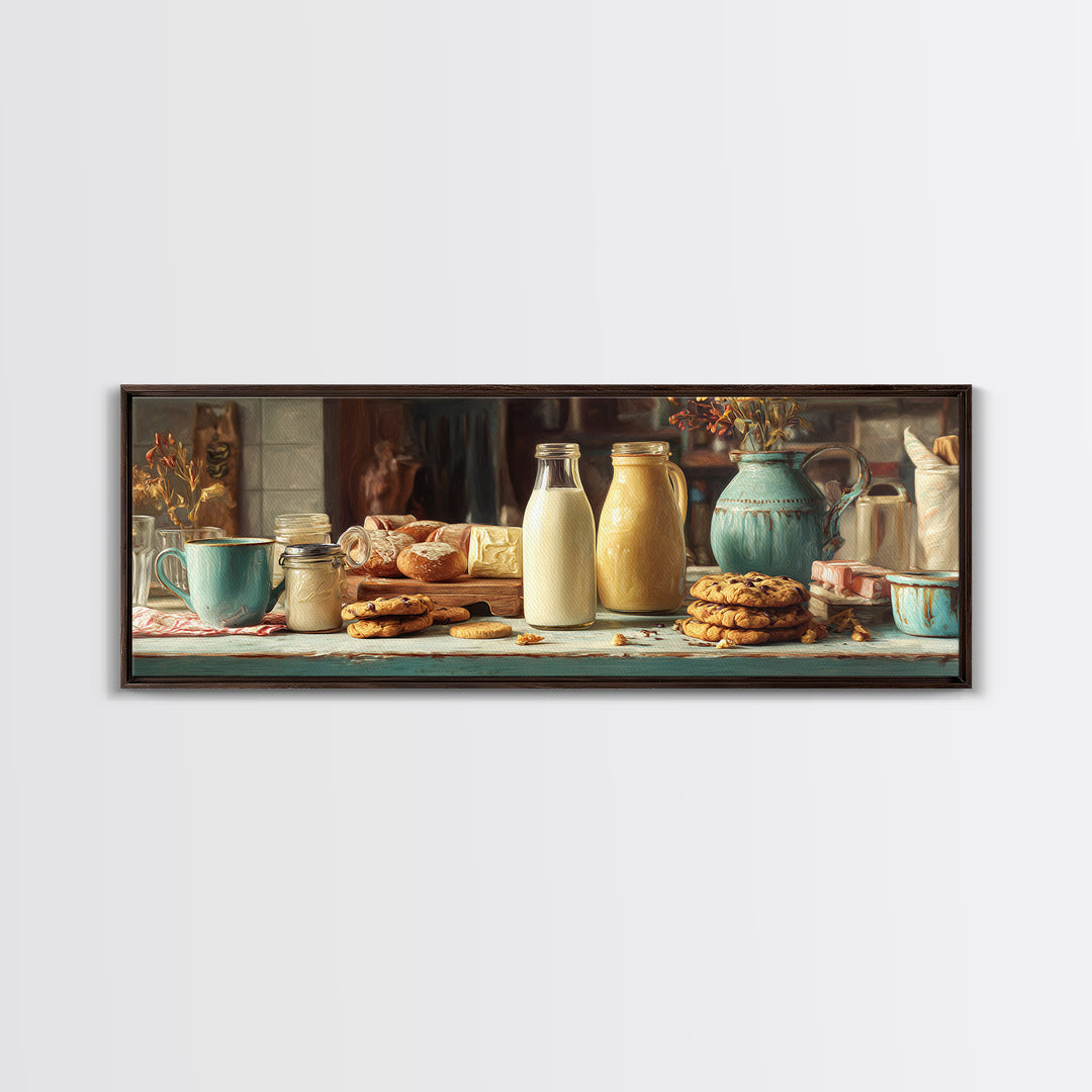 Milk Bottle and Cookies Nostalgic Still Life Canvas Print, Bakery Art, Boho Decor, Bakery Decor, Oil Painting, Patisserie, BAK-3x1-62