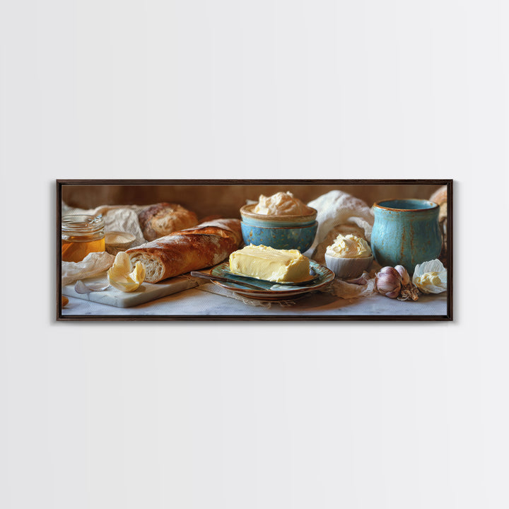 Baguette and Butter Still Life on Marble Framed Canvas Print, Bakery Art, Wall Decor, Bakery Decor, Fine Art, Patisserie, BAK-3x1-72