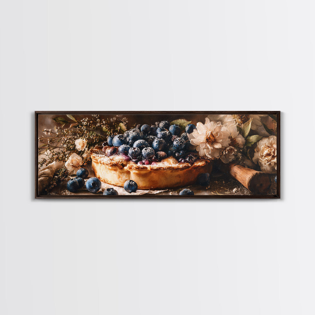 Blueberry Galette with Rustic Farmhouse Texture Framed Canvas Print, Bakery Art, Watercolor Painting, Bakery Decor, Patisserie, BAK-3x1-87