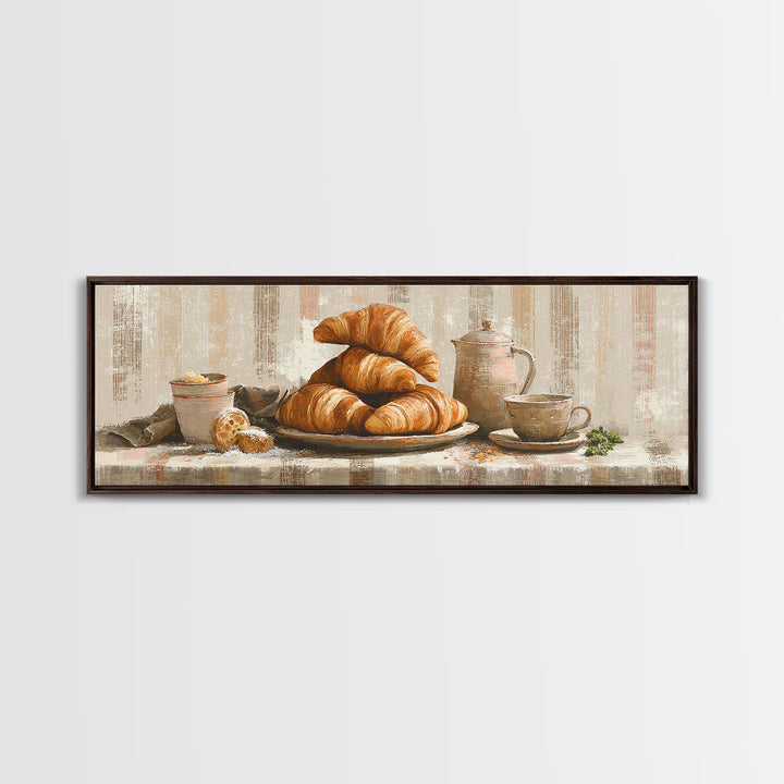 Buttery Croissants Stacked on Striped Linen Framed Canvas Print, Bakery Art, Boho Decor, Bakery Decor, Fine Art, Patisserie, BAK-3x1-89