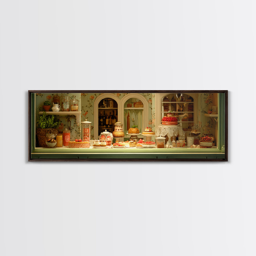 French Patisserie Window Display of Pastel Pastries Canvas Print, Bakery Art, Whimsical Wall Art, Bakery Decor, Patisserie, BAK-3x1-90