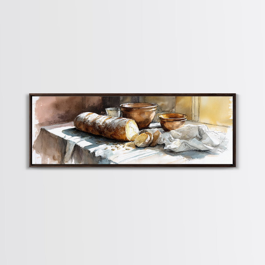 Rustic Loaf of Bread Canvas Print, Bakery Art, Kitchen Wall Art, Bakery Decor, Oil Painting, Patisserie, Digital Download Art, BAK-3x1-92
