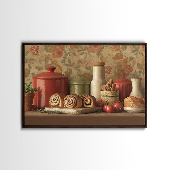 Cinnamon Rolls in a Warm Country Kitchen Framed Canvas Print, Bakery Art, Digital Download Art, Bakery Decor, Patisserie, BAK-3x2-15