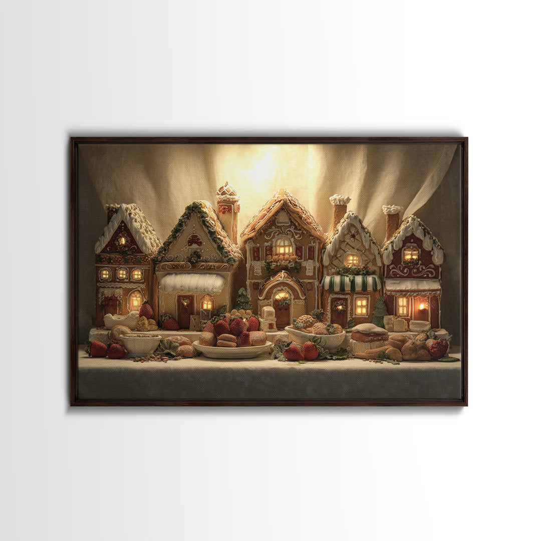 Gingerbread Houses in Charming Folk Art Style Framed Canvas Print, Bakery Art, Watercolor Art, Bakery Decor, Patisserie, BAK-3x2-18