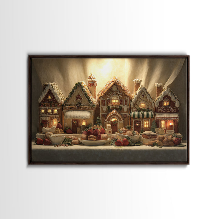 Gingerbread Houses in Charming Folk Art Style Framed Canvas Print, Bakery Art, Watercolor Art, Bakery Decor, Patisserie, BAK-3x2-18