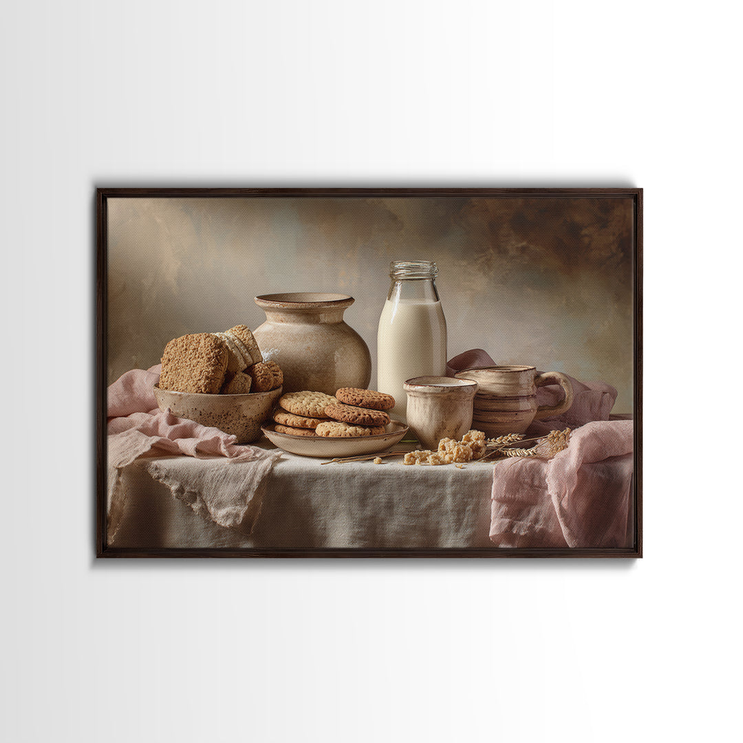 Milk Bottle and Cookies Nostalgic Still Life Canvas Print, Bakery Art, Food Art, Bakery Decor, Watercolor Art, Patisserie, BAK-3x2-26