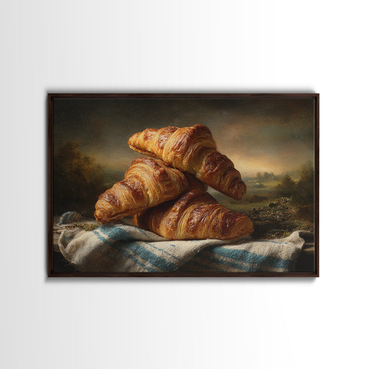 Buttery Croissants Stacked on Striped Linen Canvas Print, Bakery Art, Modern Decor, Bakery Decor, Abstract Art, Patisserie, BAK-3x2-29