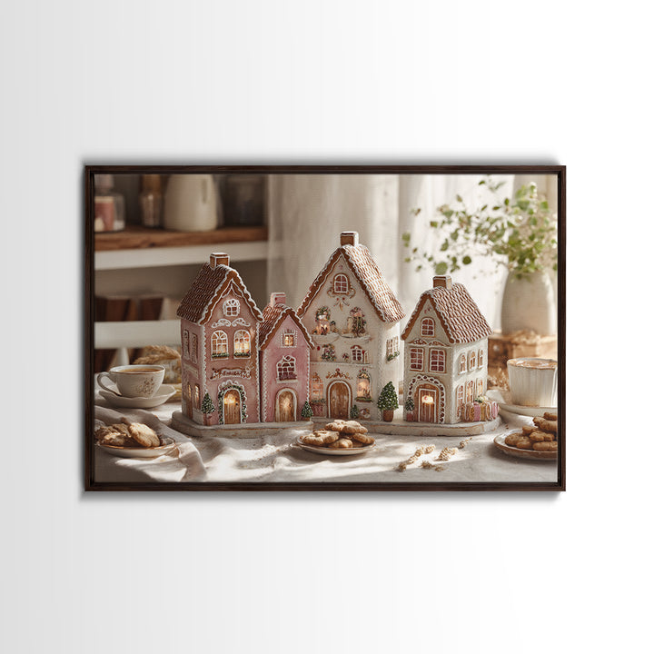 Gingerbread Houses in Charming Folk Art Style Canvas Print, Bakery Art, Digital Download Art, Bakery Decor, Patisserie, BAK-3x2-42