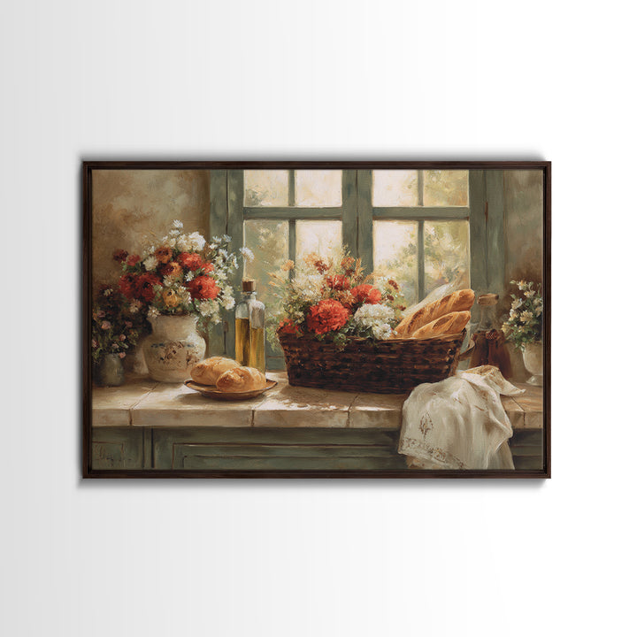 French Market Basket Filled Framed Canvas Print, Bakery Art, Kitchen Art Print, Bakery Decor, Patisserie, Modern Decor, BAK-3x2-46