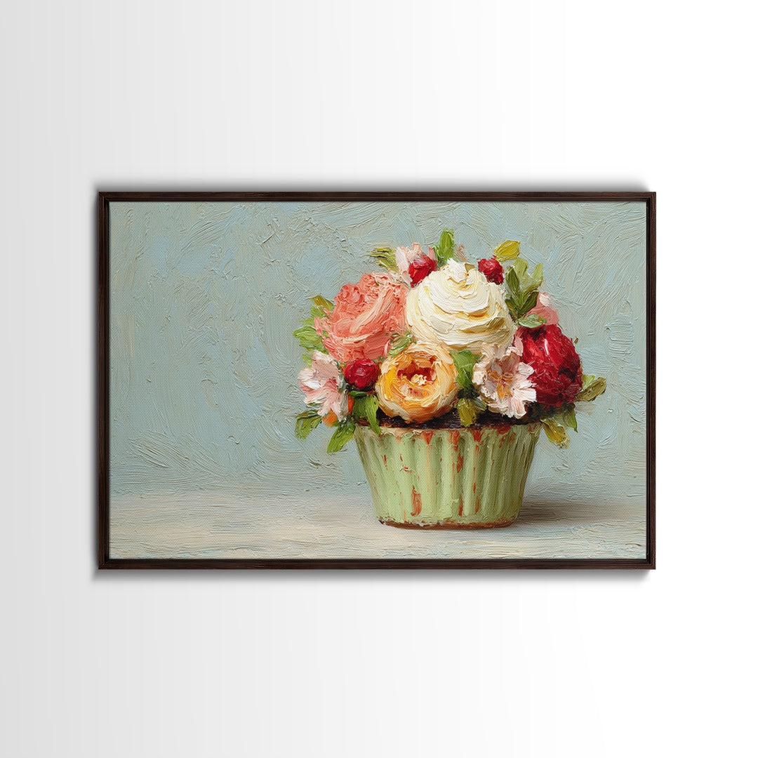 Cupcake Bouquet Painted Framed Canvas Print, Bakery Art, Kitchen Wall Art, Bakery Decor, Oil Painting, Patisserie, BAK-3x2-59