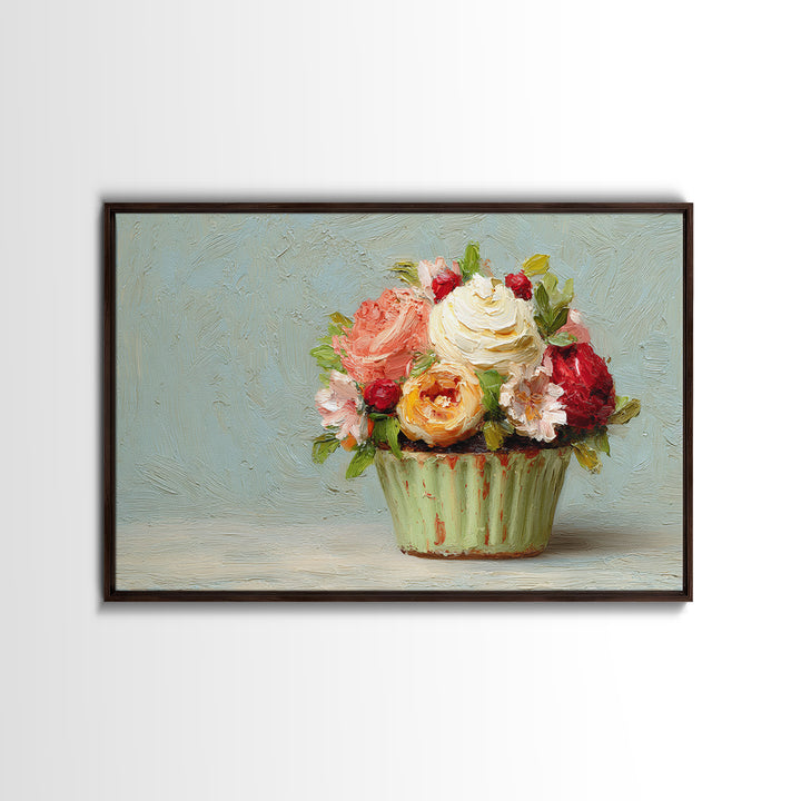 Cupcake Bouquet Painted Framed Canvas Print, Bakery Art, Kitchen Wall Art, Bakery Decor, Oil Painting, Patisserie, BAK-3x2-59