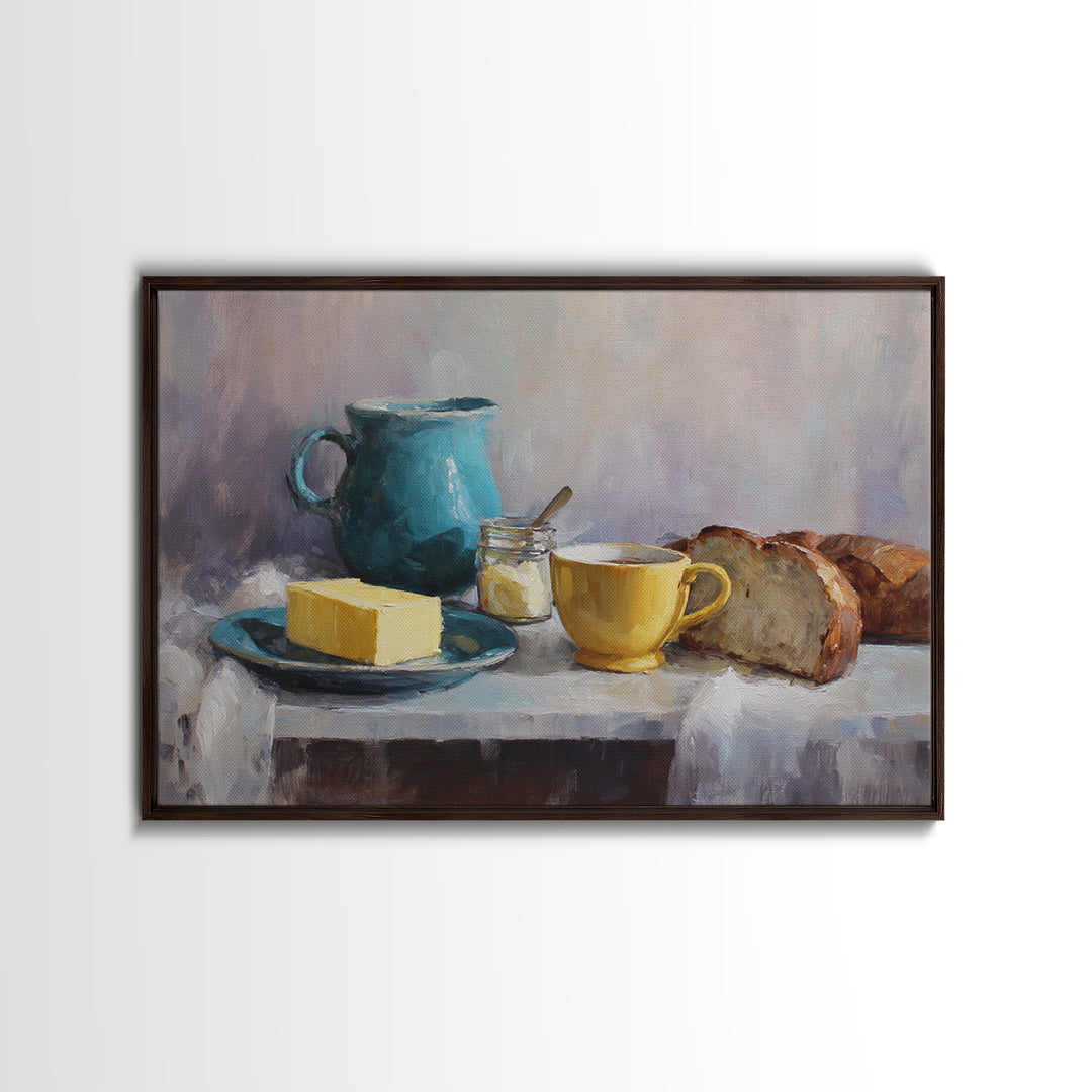 Baguette and Butter Still Life on Marble Framed Canvas Print, Bakery Art, Textured Painting, Bakery Decor, Fine Art, Patisserie, BAK-3x2-60