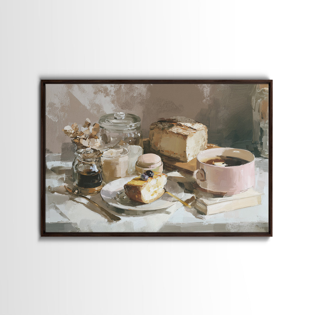 Painterly Eclair and Coffee Still Life Framed Canvas Print, Bakery Art, Bakery Decor, Abstract Art, Patisserie, BAK-3x2-64
