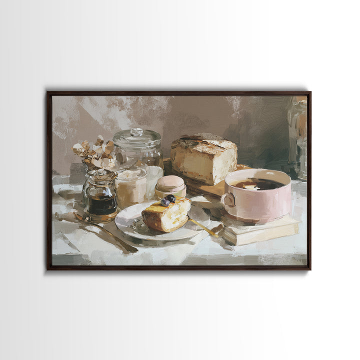 Painterly Eclair and Coffee Still Life Framed Canvas Print, Bakery Art, Bakery Decor, Abstract Art, Patisserie, BAK-3x2-64