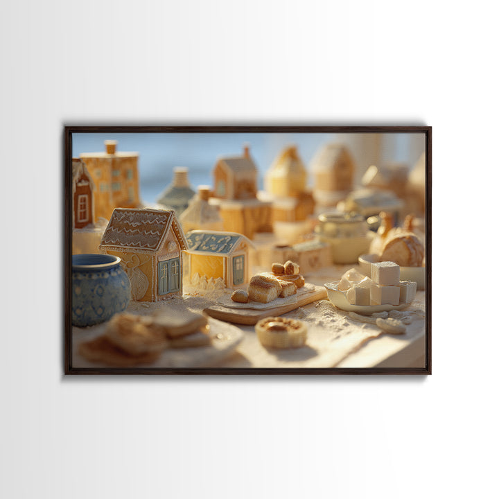 Gingerbread Houses in Charming Folk Art Style Canvas Print, Bakery Art, Digital Download Art, Bakery Decor, Patisserie, BAK-3x2-66