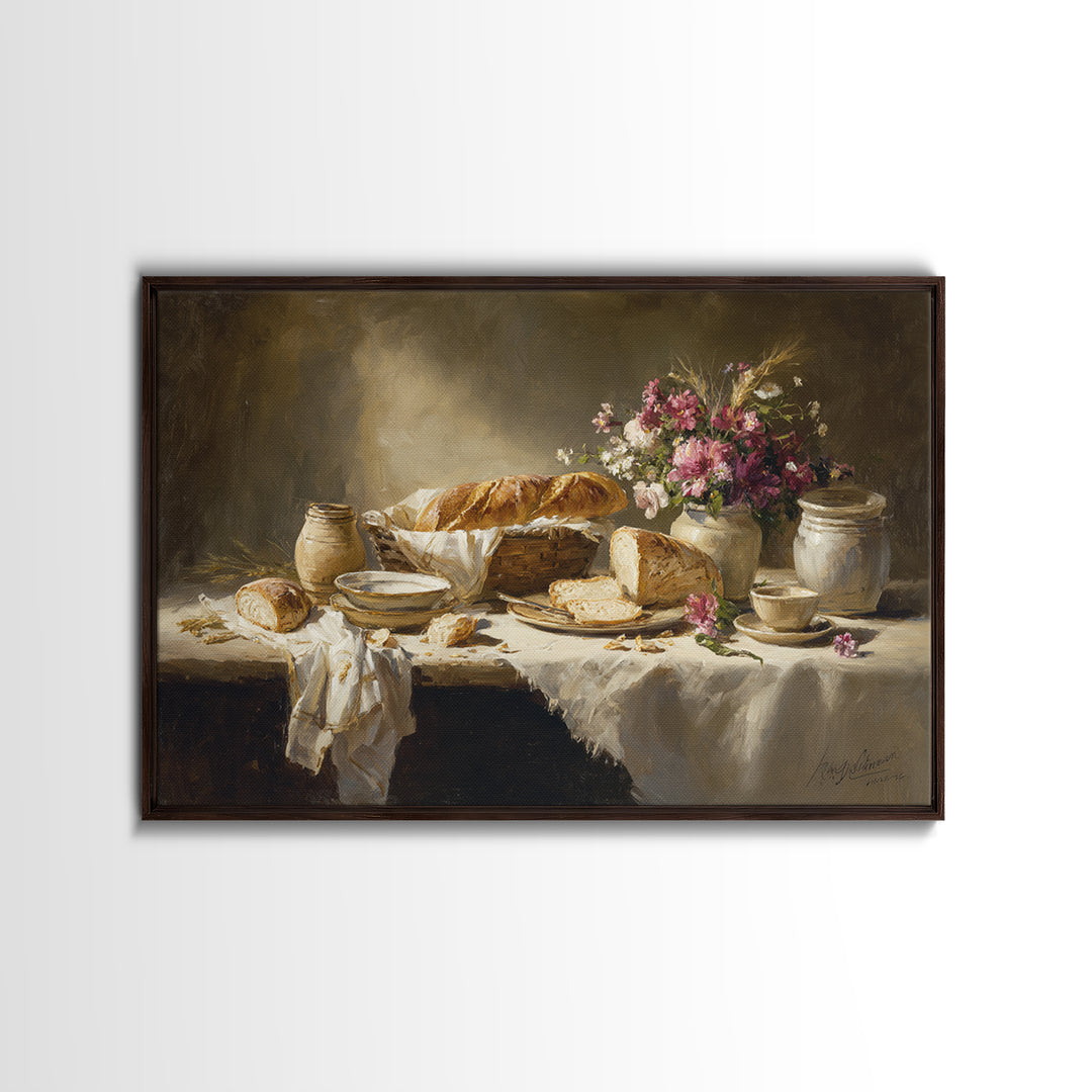 French Market Basket Filled Framed Canvas Print, Bakery Art, Kitchen Art Print, Bakery Decor, Patisserie, Modern Decor, BAK-3x2-70