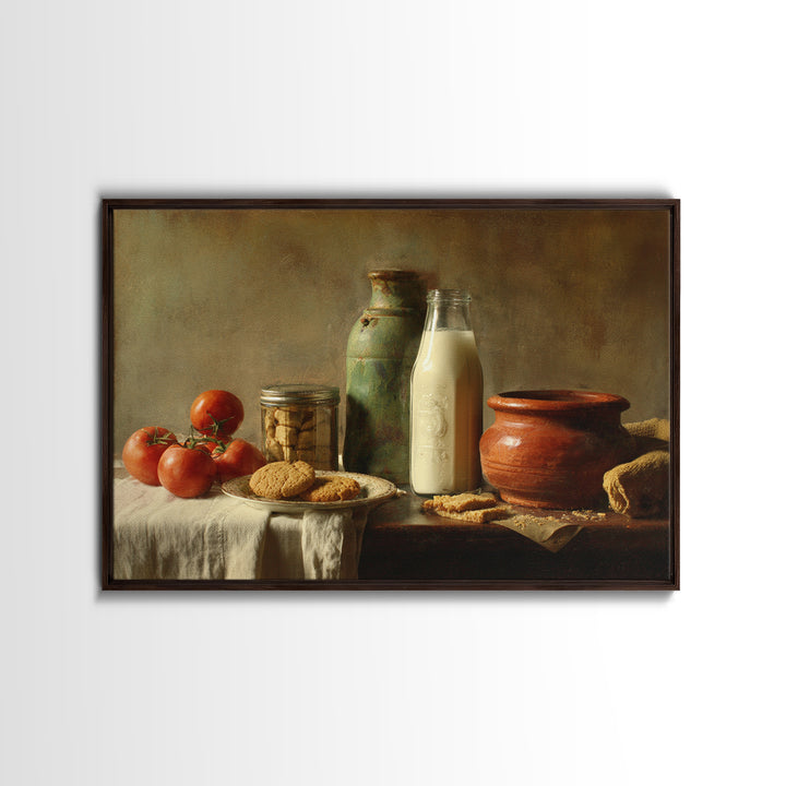 Milk Bottle and Cookies Nostalgic Still Life Framed Canvas Print, Bakery Art, Watercolor Print, Bakery Decor, Oil Painting, BAK-3x2-74
